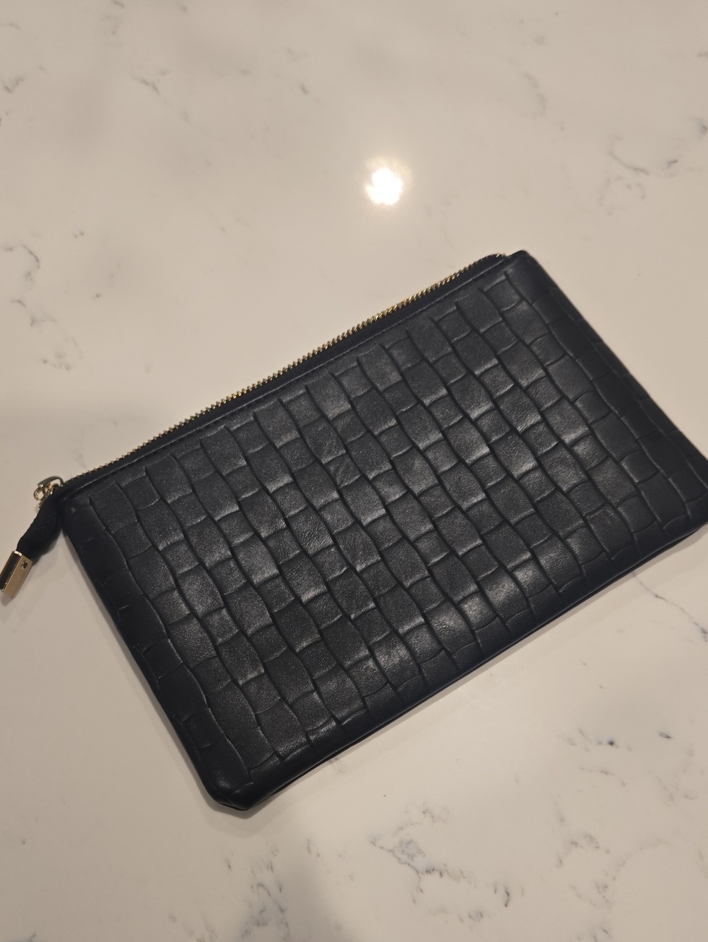 Black Woven Leather Zip Clutch
